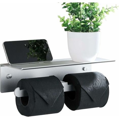 VURAHOME - Porte Papier Toilette Mural Aluminium Double Support Hygiénique Rouleau avec Plateforme de Rangement sans Perçage avec Protection de Bord et Anti-Chute pour Salle de Bain WC Argent (1/5)
