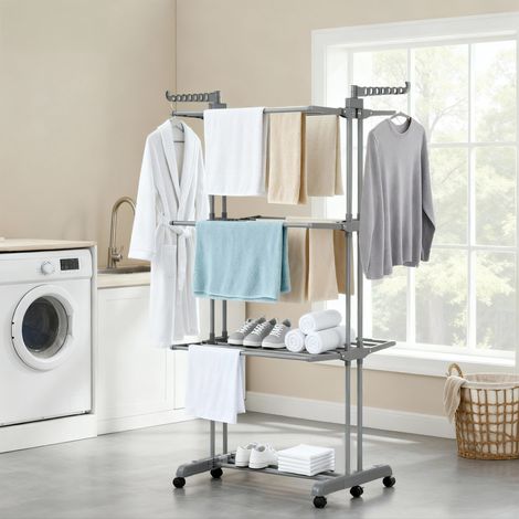 Étendoir à Linge à 4 Niveaux, Séchoir Pliable à Roulettes, 125,5 x 63,5 x 172,5 cm, Gris (1/5)