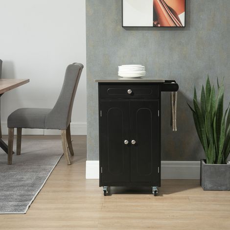 Carrito de cocina con múltiples compartimentos de almacenamiento, 1 cajón, armario de 2 puertas con toallero, MDF negro, acero inoxidable. (1/5)