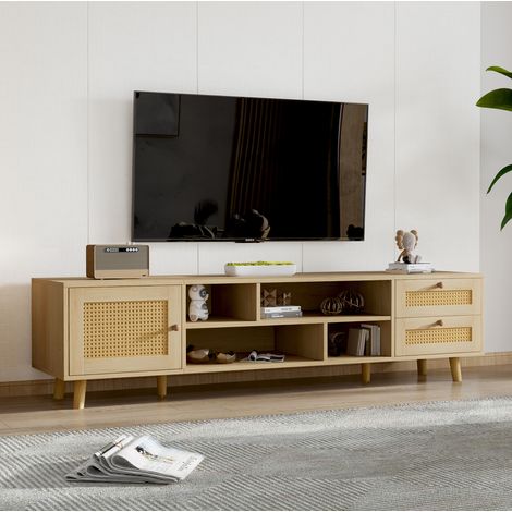 TV-Schrank 160x39x40.5 cm Eiche-Optik aus Spanplatte mit Rattan, Kabelmanagement, 2 Schubladen und 1 Tür (1/5)