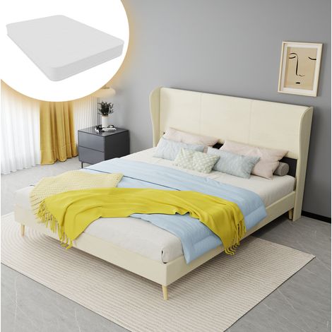 Cama tapizada 160x200 cm, diseño moderno, cabecero suave, montaje fácil, tejido y metal beige (1/5)