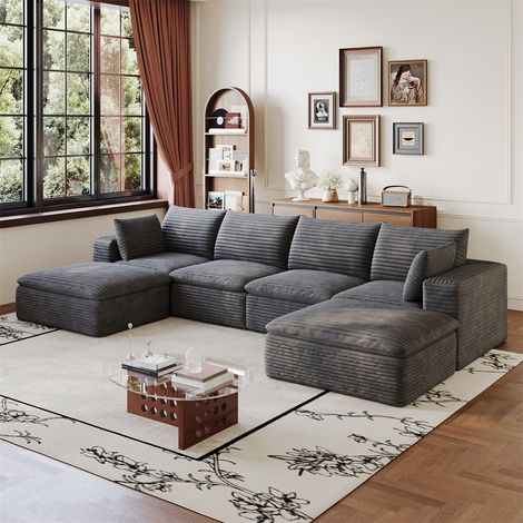Canapé Modulaire Cloud 340x160x60cm - Design Double Couche Déhoussable Grand Confort Rembourré en Mousse Sans Montage-Gris Foncé (1/5)