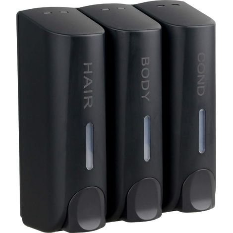 Distributeur de savon de douche mural, 3 distributeurs de shampoing et d'après-shampoing, sans perçage, pour salle de bain d'hôtel, noir (1/4)