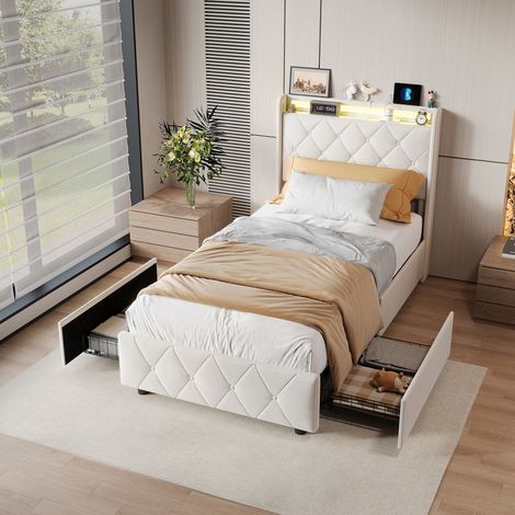 lit 90x200cm, Lit simple 90 x 200, avec tiroirs, Sommier à Lattes, LED réglable, Chargement USB, cadre de lit, velours, Beige