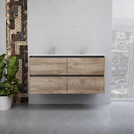 Inda - Badezimmerschrank 4 Schubladen B.120 mit Doppelwaschbecken Hochglanz/Natur-Eiche - Smeraldo