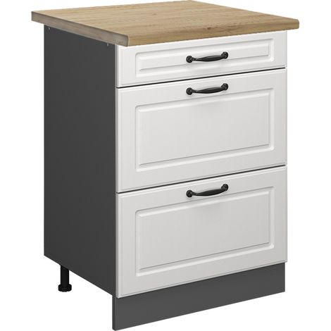 Meuble cuisine R-Line, Blanc campagne, 60 cm avec tiroirs, PT Chêne, Vicco