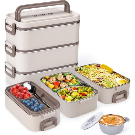 Bento-Box für Erwachsene, stapelbare 3-lagige Lunchbox aus Edelstahl 304 für Erwachsene, Kinder und Büro, 3 Liter großes Fassungsvermögen, inklusive Suppenschüssel, Löffel und Gabel (1/5)