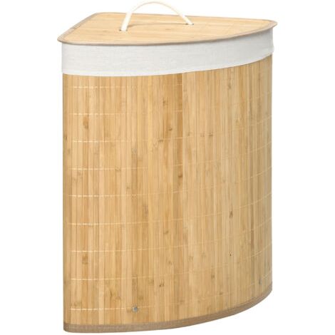 Panier à linge d'angle, 55L, bambou, avec couvercle, sac amovible, 38x38x57cm, naturel et blanc. (1/5)