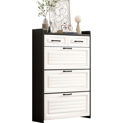 Meuble à Chaussures Rotatif Blanc 80×23,5×131cm – 3 Portes + 2 Tiroirs, Poignées Métal Noir, Anti-Basculement