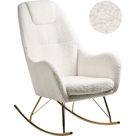 Silla mecedora de bouclé tapizada patas de metal doradas con reposabrazos sala de estar blanco crema Gulsele (1/5)