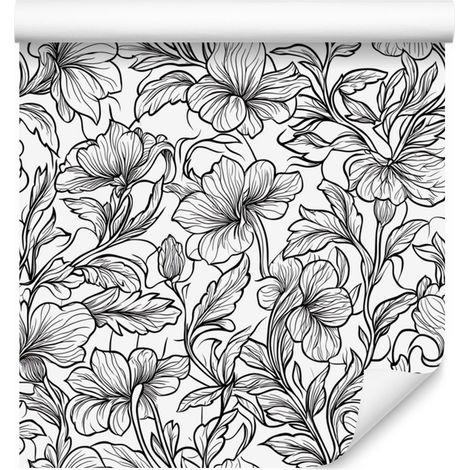 Papier peint à fleurs noires et blanches, gris clair et gris, 50 x 1000 cm (1/5)