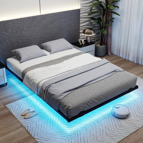 COSTWAY Cadre de Lit Flottant avec Éclairage LED, 140 x 200 cm, Lit Plateforme Métallique 2 Personnes avec Port USB & Télécommande, Support à Lattes Robuste, sans Sommier, Montage Facile, Noir (1/5)
