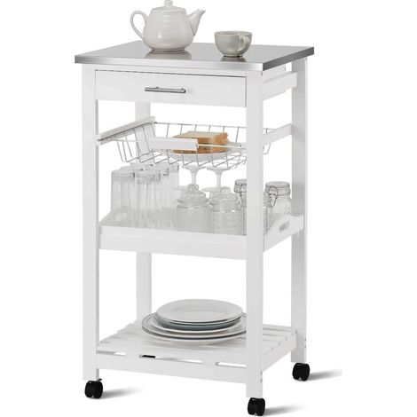 COSTWAY Desserte Cuisine à Roulettes avec Tiroir et Panier en Fil Métallique, Chariot de Service avec Plateau en Acier Inoxydable (1/5)