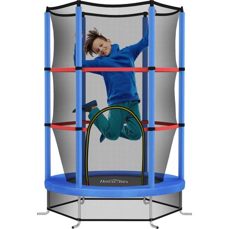 Elastische Trampolinmatte für Kinder von 3–6 Jahren mit Schutznetz, 6 Säulen und Eingängen, aus PE, Kunststoff und Metall, Ø 140 x 190 cm, blau und schwarz