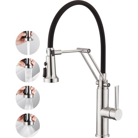Robinet de Cuisine avec Douchette Rabattable, Mitigeur Monocommande Robinet Évier de Cuisine Haute Pression avec Aimant Rotatif à 360° en Acier Inoxydable Mat Brossé (1/5)