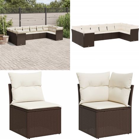 Salon de jardin 10 pcs avec coussins marron résine tressée - Salon De Jardin - Canapé Extérieur - Meuble De Jardin - Ensemble Salon De Jardin - Mobilier De Jardin - Home & Living (1/5)