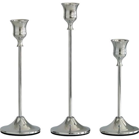 Lot de 3 bougeoirs en cuivre avec supports à bougies en métal style moderne ou classique pour décoration de table mariage et intérieur couleur argentée (1/5)