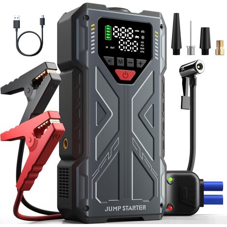 Booster Batterie Voiture 8000A avec Gonfleur Pneus Voiture 150PSI, 12V Demarreur Batterie Voiture - Jump Starter Voiture(Tous Essences & 10L Diesel) avec Écran LCD, Câbles de Démarrage, Lampe 500LM (1/5)