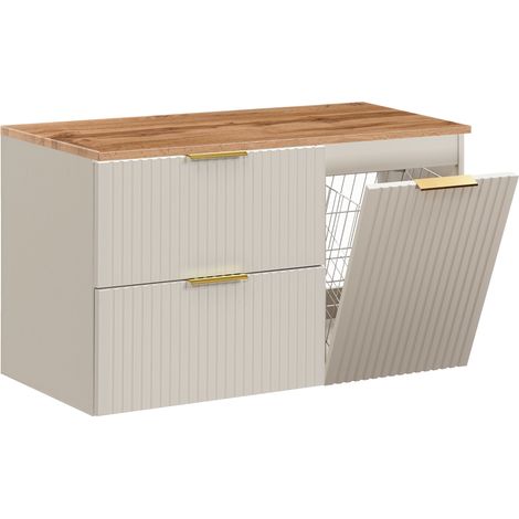 Furnidea - Meuble suspendu sous vasque ADEL CACHEMIRE 100 cm avec panier à linge et plan chêne - 2 tiroirs - Façades rainurées (1/5)