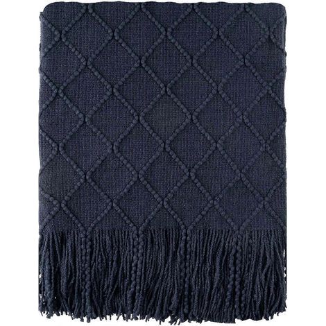 Navy Blue Throw Blanket Diamond Pattern Indoor Outdoor Knitted Throws for Sofa Home Decor (1/5)