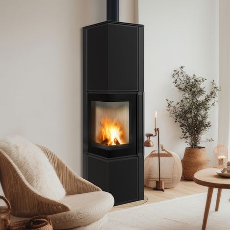 Kaminofen aus Stahl KRATKI TORA/L 8 kW Ø 150 Quarzsinter Nero Assoluto (1/5)