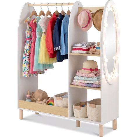 COSTWAY Guardaroba per Bambini, Armadio Gioco con Specchio e Luci,con Ripiani e Ganci,91x28x110 cm (1/5)