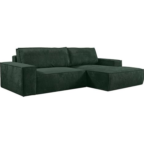 Vente-Unique – Canapé d'angle convertible 4 places en velours côtelé vert sapin – Coffre de rangement – Dossier déhoussable – Structure bois