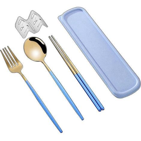 Ensemble de couverts coréen style anti-poussière en acier inoxydable (baguettes, fourchette, cuillère) pour un usage quotidien Kaesi Kb-2pcs-Blue Golden (1/5)