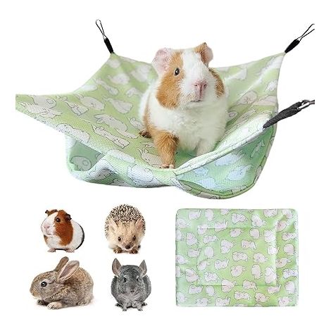 Ice Silk Hammock and Mat for Small Animals, Double Layer Hanging Bed with Rabbit Design 11x11 cm + Mat 15 x 20 cm, for Hamster Guinea Pig Rat (Green)