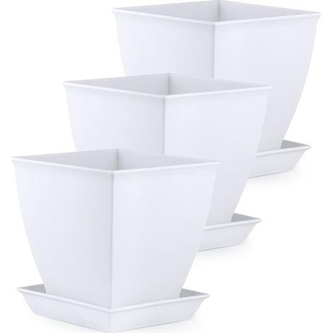 3 x Flower Pots with Tray, 17 cm Flower Trays with Drainage Holes and Saucer, PP Resin Plant Pots for Indoor and Outdoor Use, White (1/5)