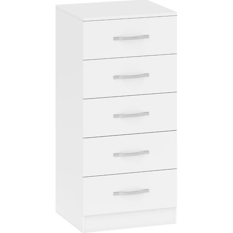 Commode 5 tiroirs blanche en bois compacte pour chambre, couloir ou salon, avec poignées argentées, rangement pratique et design moderne - CHICFURN (1/5)