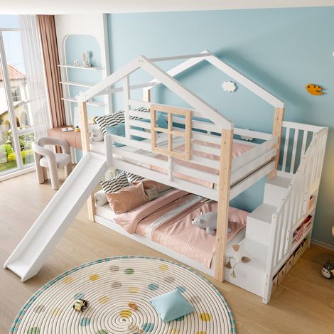 Letto a castello casa scandinavo in legno bianco 90x200 cm con scivolo, scala contenitore e sponde di sicurezza