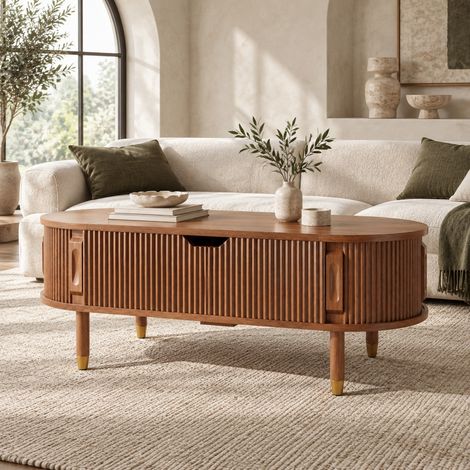Table basse ovale relevable avec rangement, MDF et pieds en bois, noyer OKMYHOME (1/5)