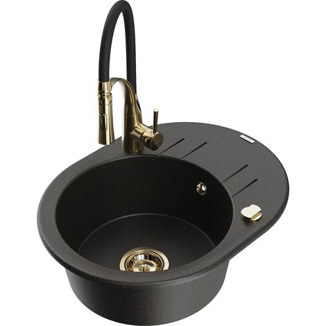 Mexen Kevin 1-Kammer-Granitsapüle mit Abtropffläche und Küchenarmatur Aster, schwarz/gold metallic - 6517-75-73450-57-G (1/5)
