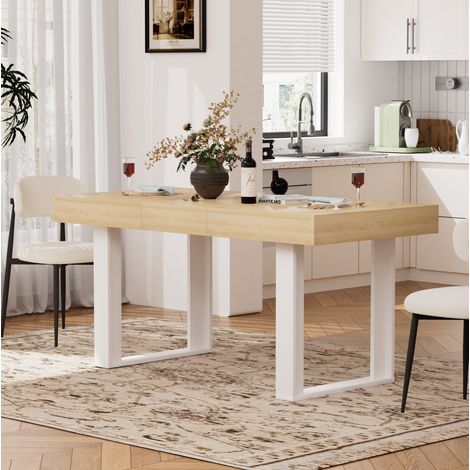 Table à manger extensible 120-160 cm en panneaux de bois naturel et blanc, 8 personnes – MEUBLIV (1/5)