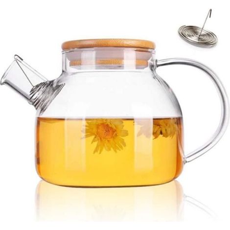Théière en verre borosilicate 1 pièce avec filtre en acier inoxydable et couvercle en bambou pour usage domestique (1/4)
