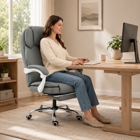 Chaise Bureau Ergonomique Inclinable Cuir Synthétique, Animaux, Hauteur Réglable, Gris (1/5)