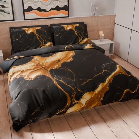 Housse de Couette 1 Place 150x200 cm 1 Taie 50x80 cm Incluse, Parure en Microfibre Imprimée Marbre Noir (1/5)