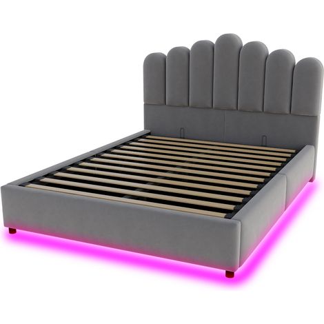 Letto contenitore imbottito 140 x 200 cm in velluto grigio con LED e rete a doghe (1/5)