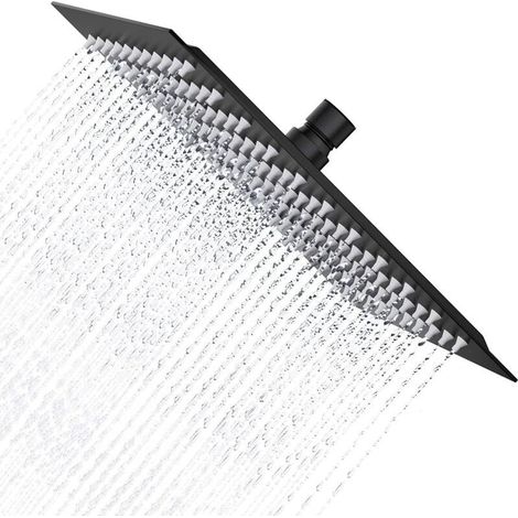 Black Shower Head, Rainfall Shower Head, 20cm Square Shower Head 304 Stainless Steel, Anti-Limescale Shower Head, 1/2 Inch Universal Thread, 360° Swivel (1/5)