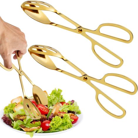 Confezione da 2 mollette per insalata dorate, mollette da cucina in acciaio inossidabile da 25 cm per tenere fermi gli alimenti, mollette a forbice da cucina (1/3)