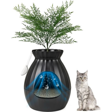 Bac à litière pour Chat - 50 x 50 x 59 cm - avec système électronique d'élimination des odeurs - Style Pot de Fleurs avec Plante Artificielle et Cailloux - Noir (1/5)