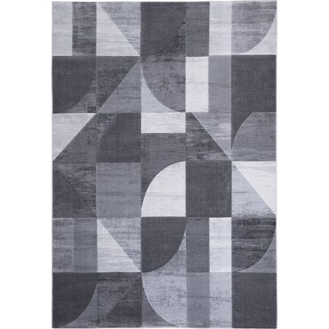 Moderner, grau-schwarzer kurzfloriger Teppich fürs Wohnzimmer in geometrischem Design Double GRI007