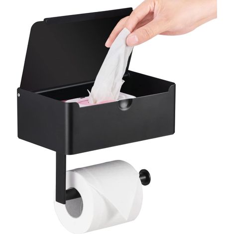 Porte-rouleau de papier toilette avec étagères - Porte-rouleau de papier toilette - Étagère de rangement pour salle de bain - Accessoires de salle de bain - Acier inoxydable - Fixation murale - Noir (1/4)