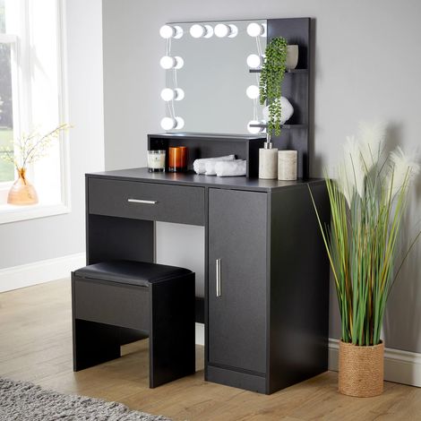Black Bedroom Dressing Table with Stool LED Lights Vanity Makeup Desk Mirror Set (1/5)