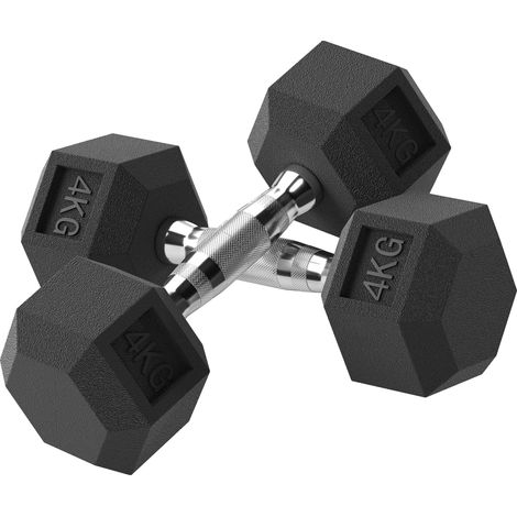 Lot de 2 haltères hexagonales de 4 kg avec poignée antidérapante et revêtement en caoutchouc, noires (1/5)