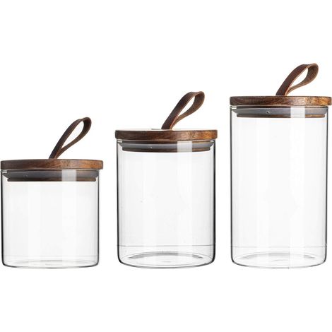 Lot de 3 pots de conservation alimentaire en verre avec couvercles bois à boucle cuir, sans BPA, boîtes de rangement cuisine contemporaine 550 ml, poids total 2,23 kg (1/4)