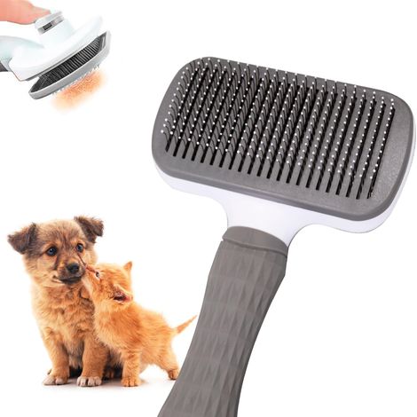Brosse Chien, Chat, Poil Long, Autonettoyante, Poils en Acier et Silicone, Élimine les Poils Morts, Ergonomique (Gris) (1/4)
