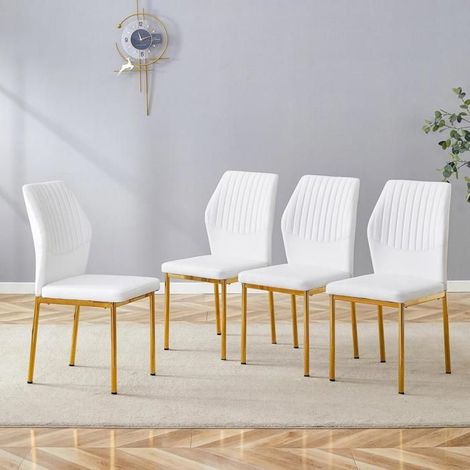 Chaise - KOMHTOM - Design luxe léger - Dossier PU à lignes verticales - Pieds métalliques dorés - Lot de 4, blanc (1/5)