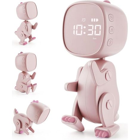 Kinderwecker Dinosaurier Wecker Kinder Wecker Wiederaufladebare Lernwecker mit Variabler Form 6 Weckmusik 3 Alarmes Schlummerfunktion Nachtlicht Timer 12/24 [Energieklasse D] Rosa.